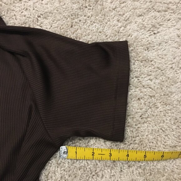 Dark Chocolate Satiny Collar Ribbed Short Sleeve Top - Picture 15 of 15